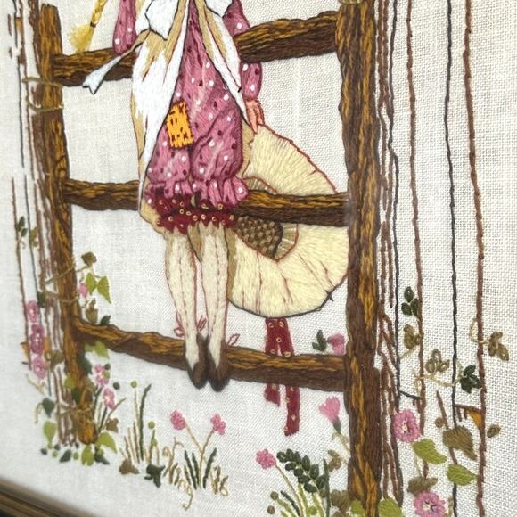 Holly Hobbie Garden Gate Embroidered Needle Point Vintage Framed Art - Picture 4 of 12